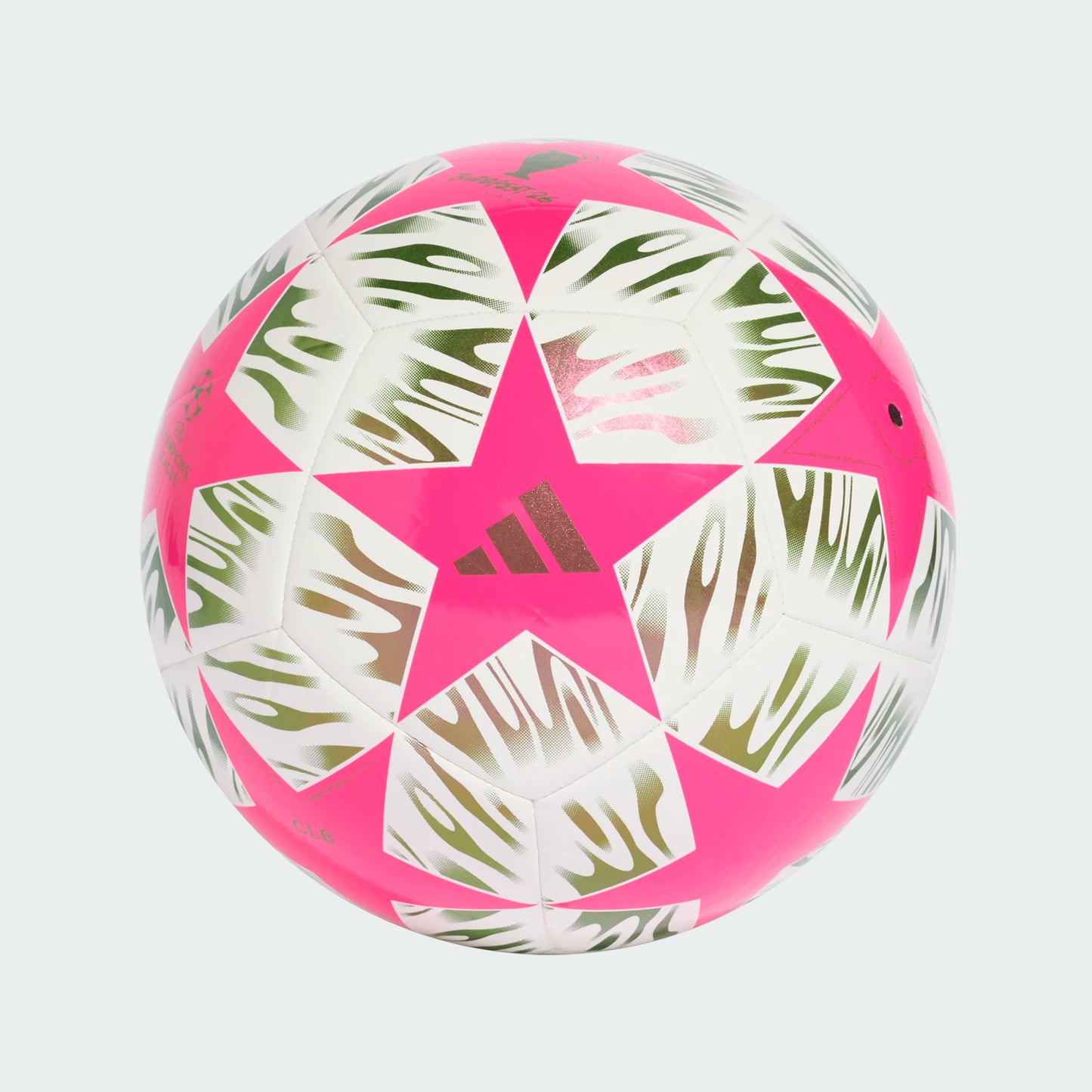 Ballon de soccer l’UEFA Champions League - Adidas, blanc et rose fluo avec motifs verts, construction cousue, vue de face.