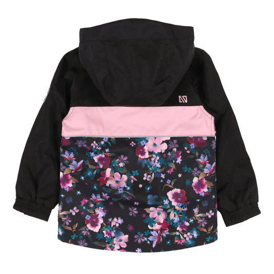Manteau Mi-Saison Ashley - Nanö noir et rose avec motif floral multicolore, pour enfant, vue de dos avec capuchon