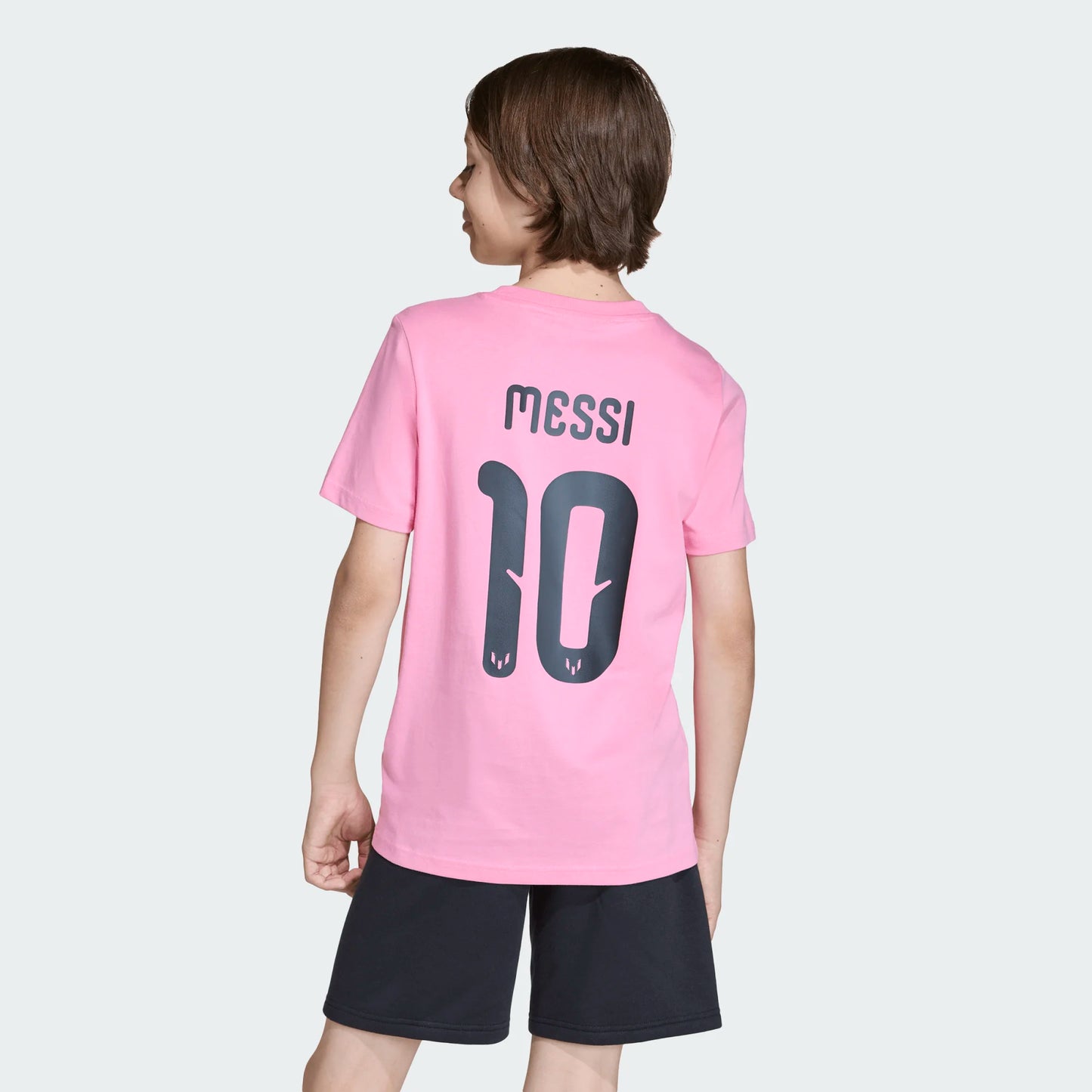 T-Shirt MESSI Graphic - Adidas rose à manches courtes en coton, pour enfant, vue de dos avec imprimé MESSI 10 noir
