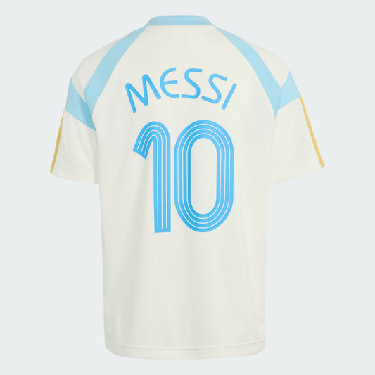 T-Shirt Messi - Adidas blanc avec détails bleus clairs et or, numéro 10 et nom Messi au dos, style sportif, vue de dos.