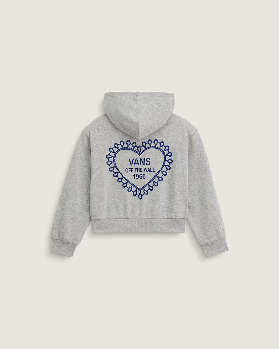 Veste Lacey Daze Retro Zip - Vans grise en coton polyester avec capuche et motif cœur bleu, vue de dos, enfant