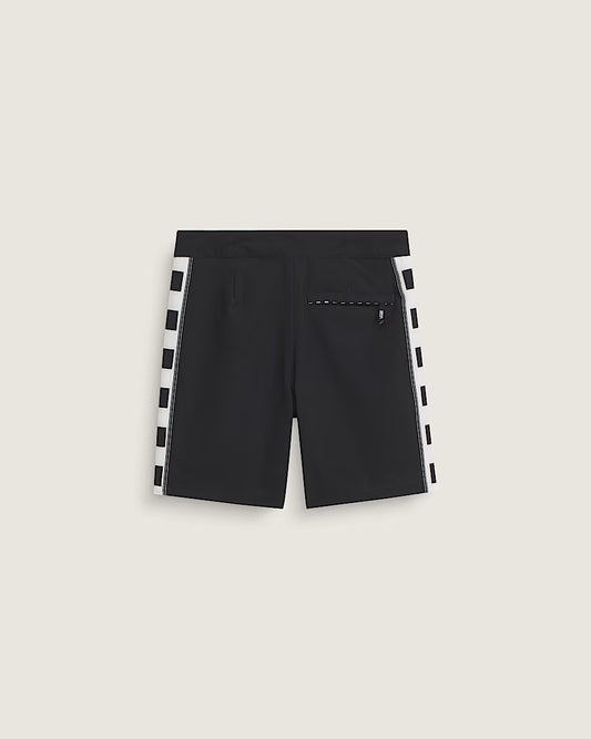 Maillot de bain - Vans short noir avec bandes blanches à carreaux noirs, détail poche arrière zippée, vue de dos.