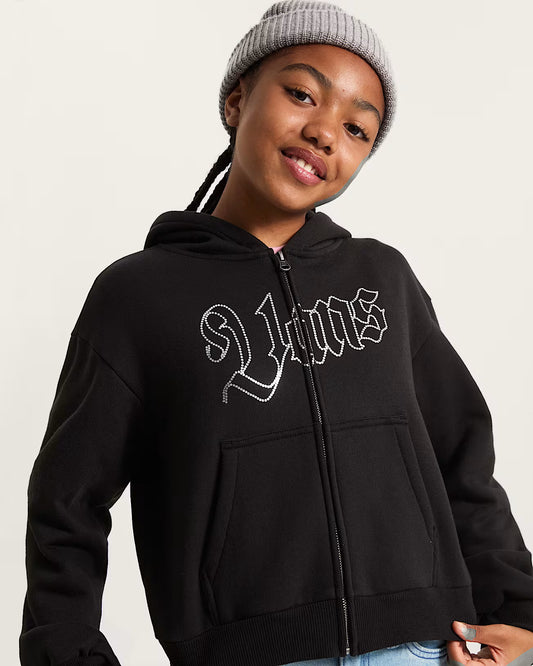 Veste - Vans noire à capuche en coton polyester pour fille, logo blanc brodé, vue de face portée sur mannequin