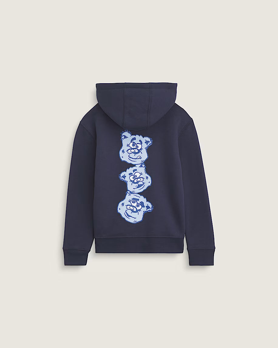 Veste - Vans bleu marine en coton et polyester avec motifs visages bleus, style garçon, vue de dos avec capuche.