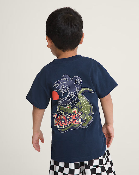 T-Shirt - Vans bleu marine pour enfant garçon, motif crocodile et palmiers colorés, vue de dos porté sur mannequin