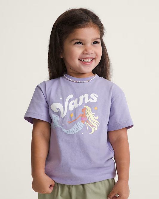 T-Shirt - Vans violet avec imprimé sirène colorée, pour enfant, en coton, porté de face sur une fillette souriante