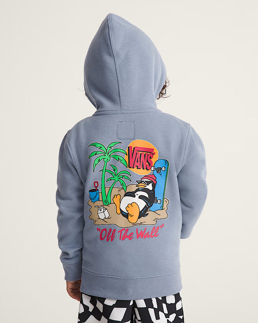 Veste - Vans bleue à capuche en coton pour enfant, vue de dos avec imprimé coloré d’un manchot et palmiers sur le dos.