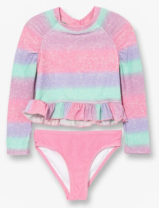 Maillot de bain - M.I.D. pour enfant fille, haut manches longues rayé rose, violet et vert, bas rose, vue de face