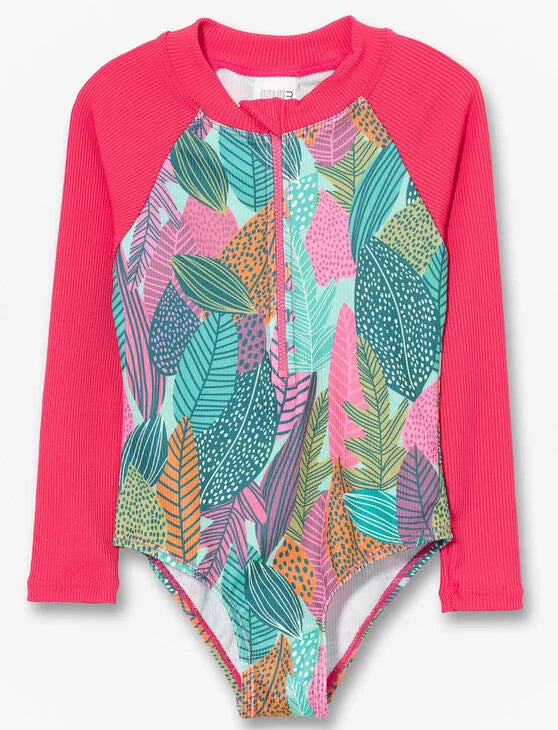Maillot de bain - M.I.D. une pièce manches longues rose fuchsia avec motifs feuilles multicolores, pour enfant, vue de face