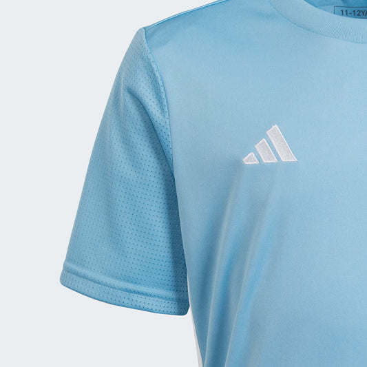 Jersey Tabela - Adidas bleu clair en polyester recyclé avec manches en mesh, détail manches pour enfant, vue rapprochée