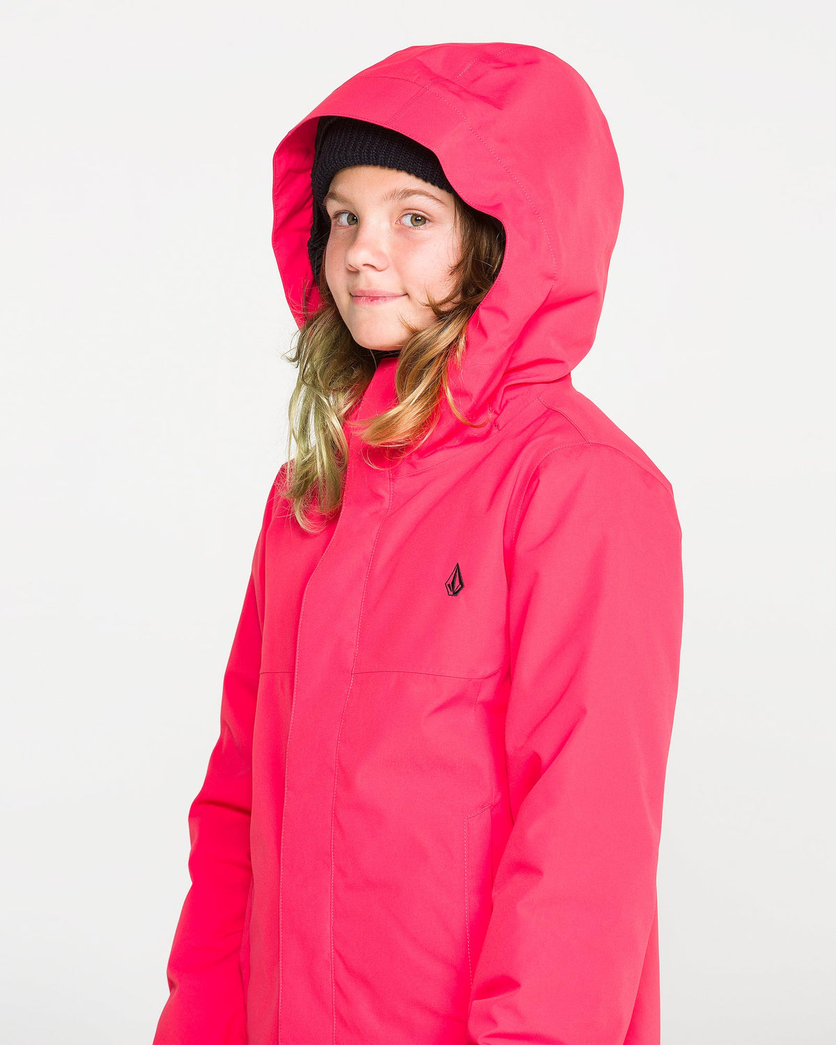 Manteau d'hiver Sass'n'frass - Volcom, manteau rose à capuche pour fille, vue de trois quarts