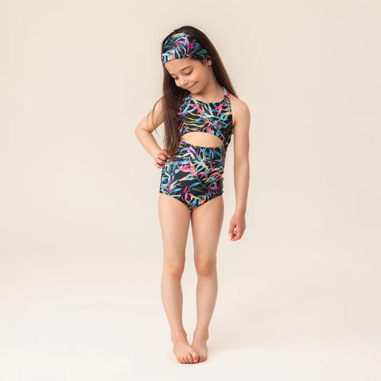 Maillot de bain - Nanö noir à motifs colorés tropical, deux pièces avec bandeau, pour enfant fille, vue de face.