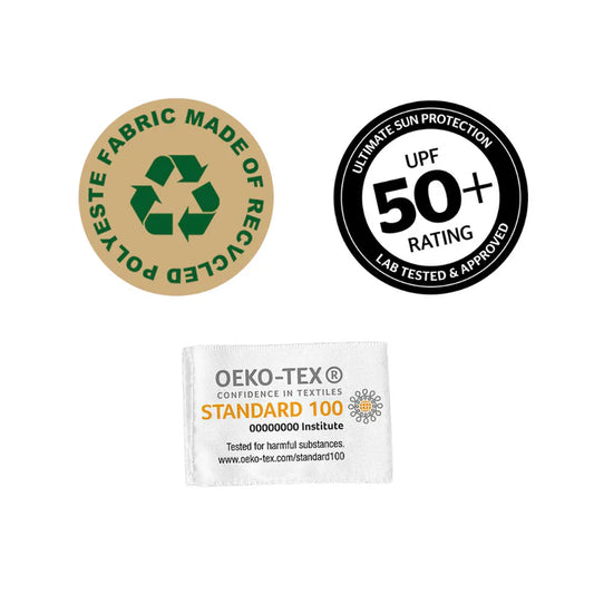Étiquettes de certification pour Slip Stop indiquant tissu en polyester recyclé, protection solaire UPF 50+ et label Oeko-Tex Standard 100.