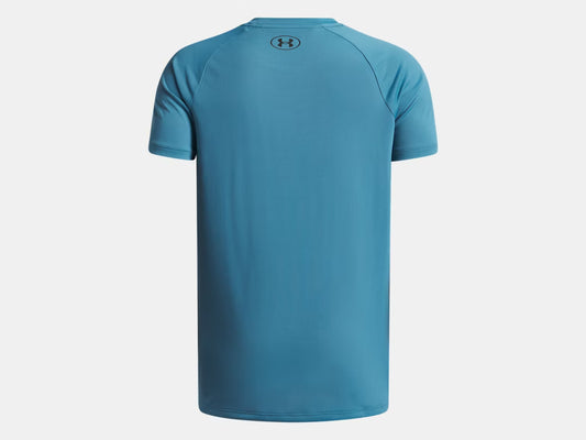 T-Shirt - Under Armour bleu ciel uni en tissu technique, manches courtes, vue de dos, pour enfant garçon