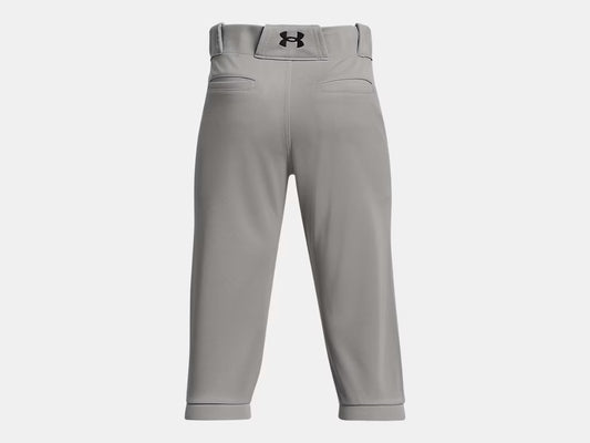 Pantalon 3/4 de baseball - Under Armour gris clair vue de dos avec ceinture élastique et logo noir à l’arrière