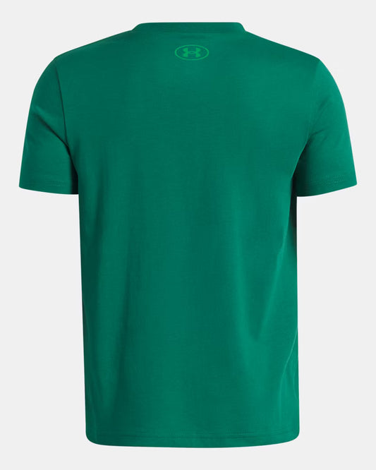 T-Shirt UA Boxed Sports - Under Armour vert uni en coton, vue de dos sur fond blanc, coupe décontractée manches courtes.