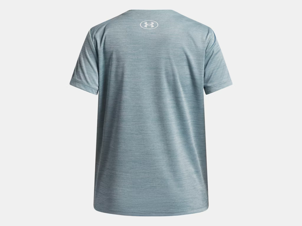 T-Shirt UA Tech™ Twist Wordmark Logo - Under Armour gris clair en tissu technique, vue de dos pour homme adulte.