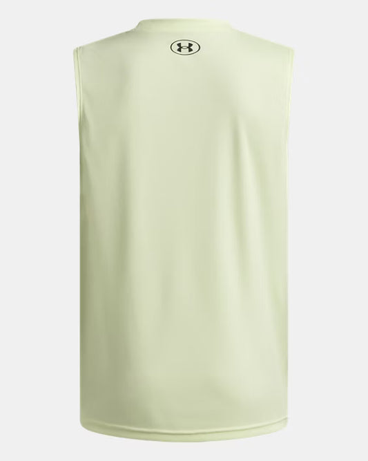 Camisole UA Tech™ Hybrid Print - Under Armour jaune clair en matériau technique, vue de dos sans manche sportive.