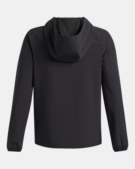 Manteau Coupe-Vent UA Vibe Woven - Under Armour vue arrière portrait avec capuche, tissu léger et extensible dimensions 566x708