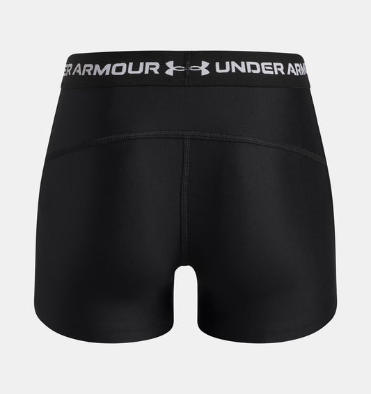Short HeatGear® Shorty - Under Armour noir en polyester et élasthanne, vue de dos, taille femme, bande élastique logo blanc