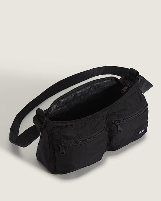 Sac à bandoulière - Vans noir en polyester avec deux poches avant zippées, vue en léger angle et bandoulière ajustable