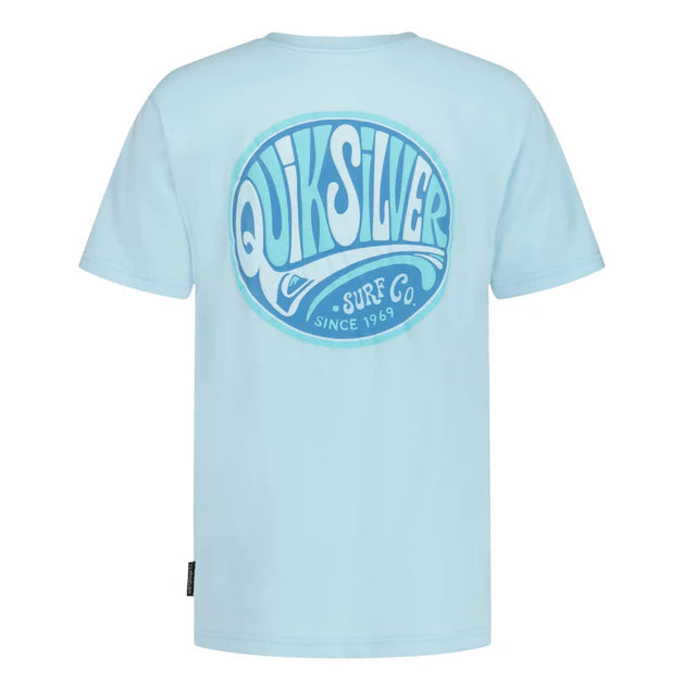 T-Shirt - Quiksilver bleu clair en coton avec logo surf bleu foncé et blanc, vue de dos.