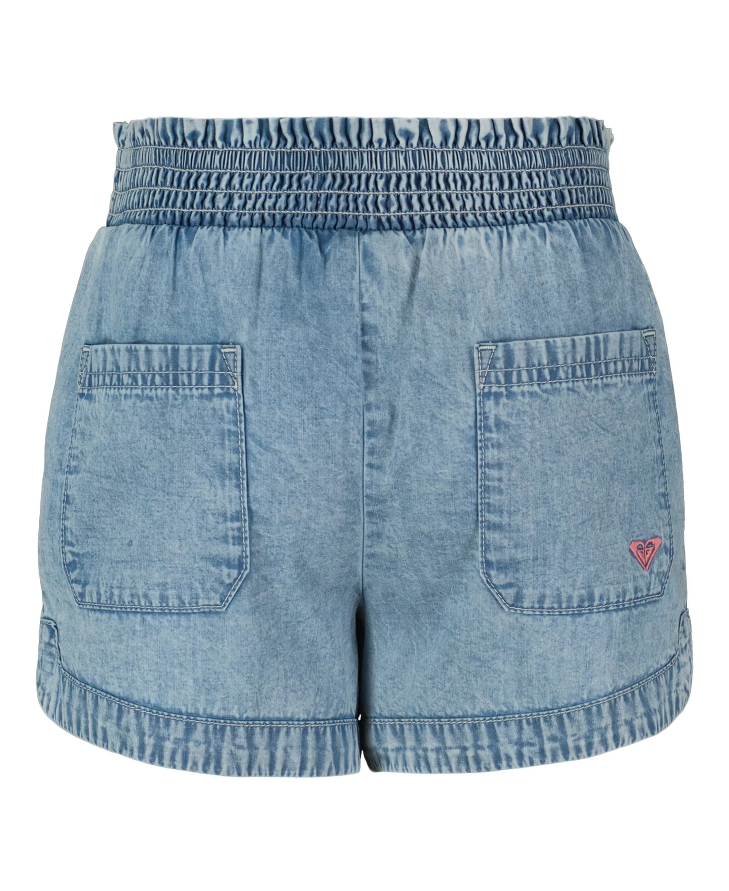 Short - Roxy en denim bleu clair 100% coton, taille smockée, poches arrière, vue de dos portrait orientation.