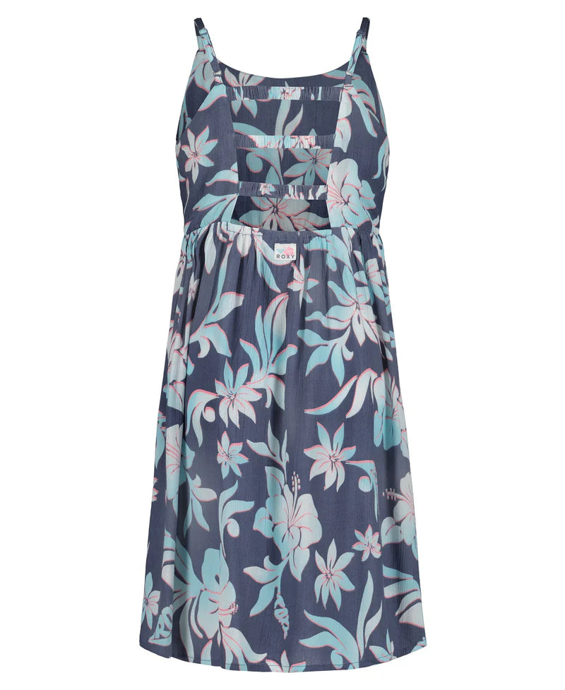 Robe - Roxy bleu marine à fleurs turquoise et blanches, sans manches, en tissu léger, vue de face.