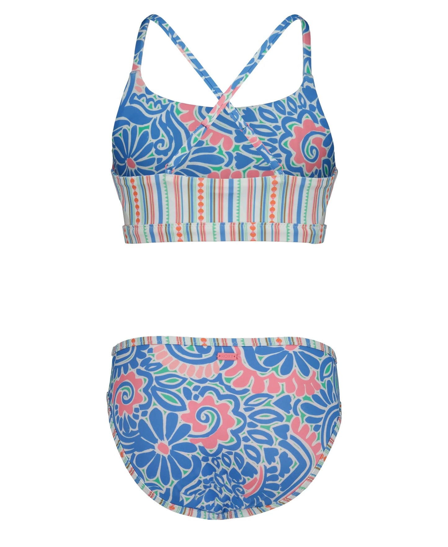 Maillot de bain - Roxy réversible bleu et rose à motifs floraux, taille enfant, vue dos et détail, sangles croisées.