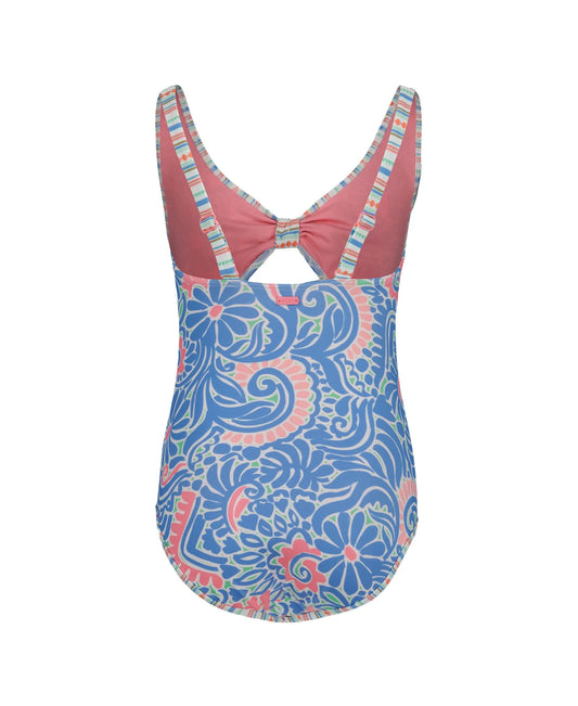 Maillot de bain - Roxy une pièce à motif floral bleu et rose, détail peekaboo, vue de dos, tissu polyester élasthanne.