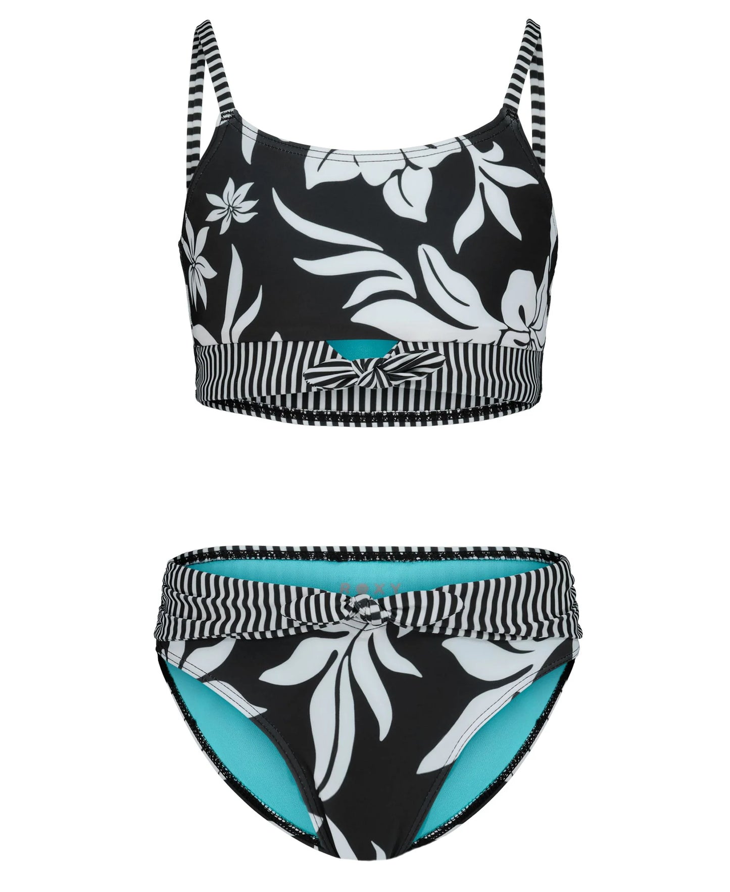 Maillot de bain - Roxy bicolore noir et blanc à motifs floraux, bralette et culotte rayées, vue de face sur fond blanc