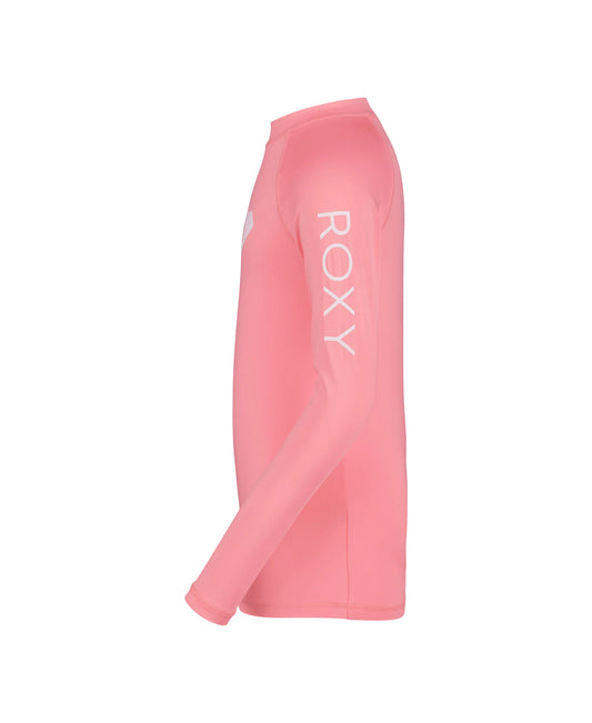 Chandail U.V - Roxy rose en poly/élasthanne, manches longues, logo sur manche gauche, vue de côté portrait.