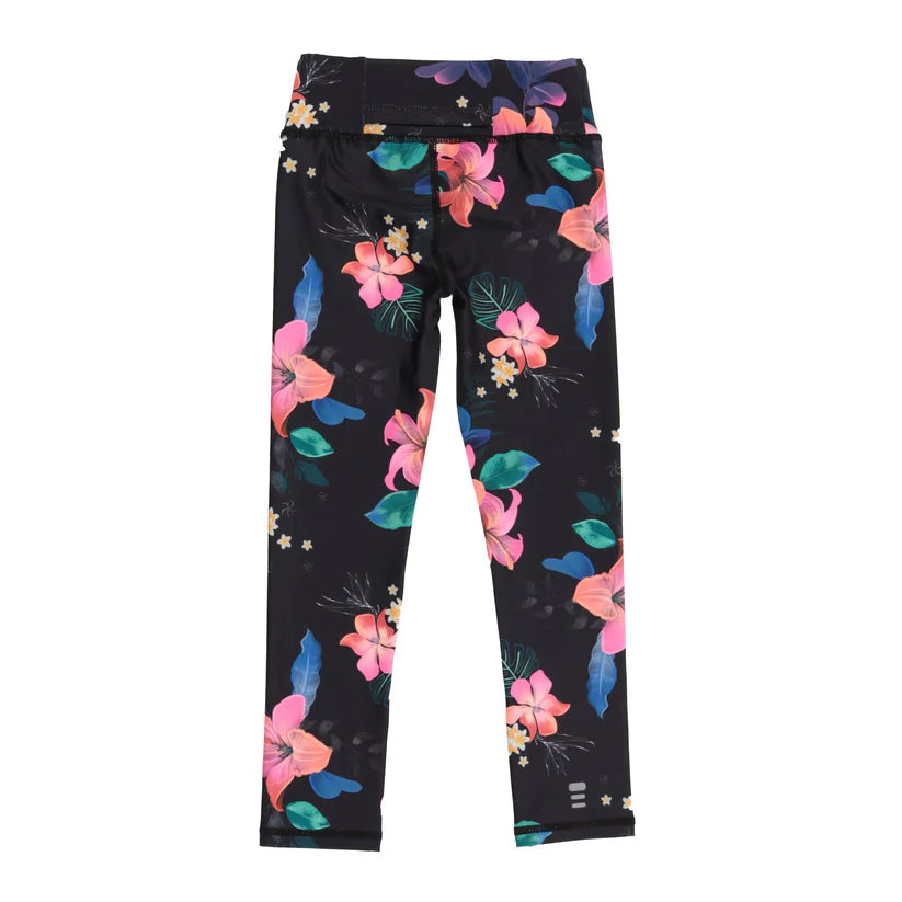 Legging - Nanö noir imprimé floral rose vert et bleu, taille haute yoga, vue de dos sur fond blanc