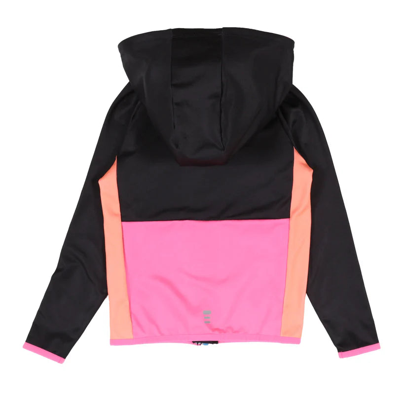 Veste - Nanö en jersey tricoté noir, rose et pêche avec capuche, manches longues, vue de dos enfant