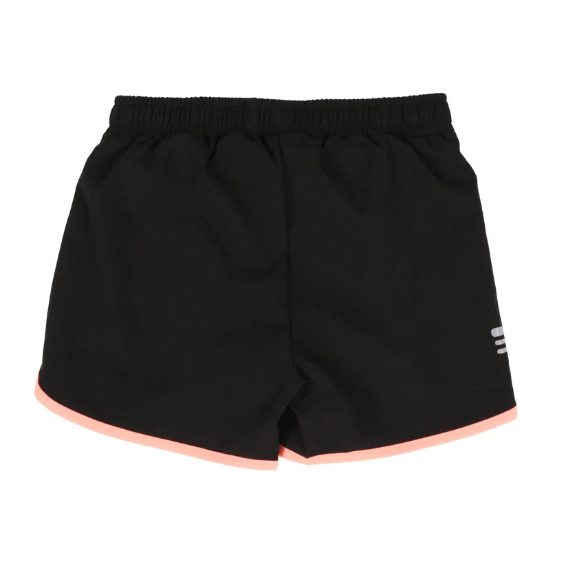 Short - Nanö en microfibre noire avec bordure rose clair, taille élastique, vue de face, pour enfant.
