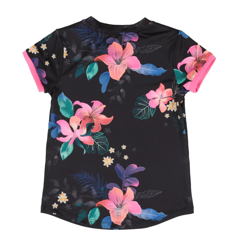 T-Shirt - Nanö noir à manches courtes avec imprimé floral rose, vert et bleu, bordure rose, vue de dos, enfant