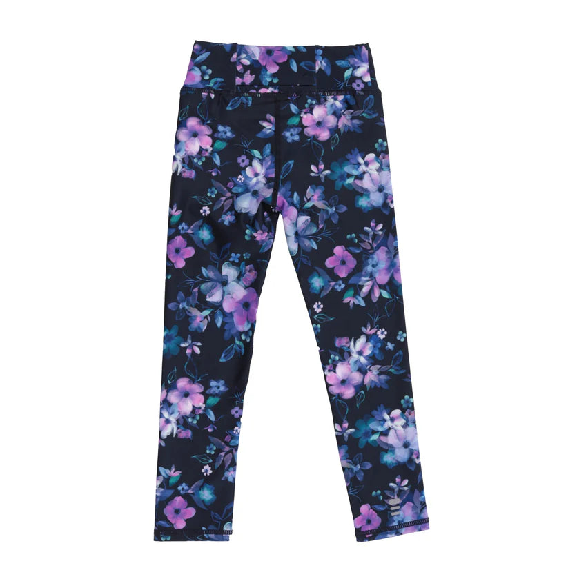 Legging - Nanö noir motif floral violet et bleu pour enfant, tricot double, vue de face à plat.