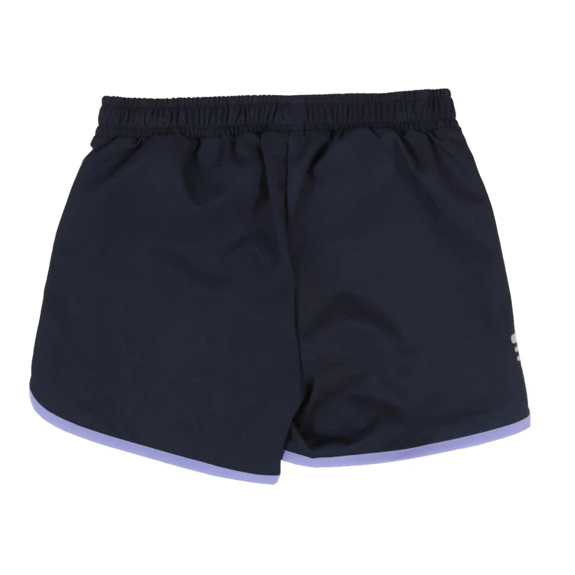 Short - Nanö en microfibre bleu marine avec taille élastique et bordures violettes, vue de dos, pour enfant garçon