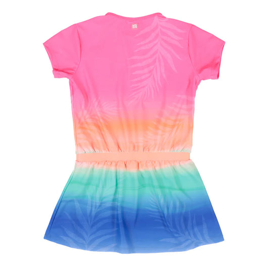 Robe de plage - Nanö dégradé rose, orange, vert et bleu, motif feuilles, manches courtes, taille élastique, vue de dos.