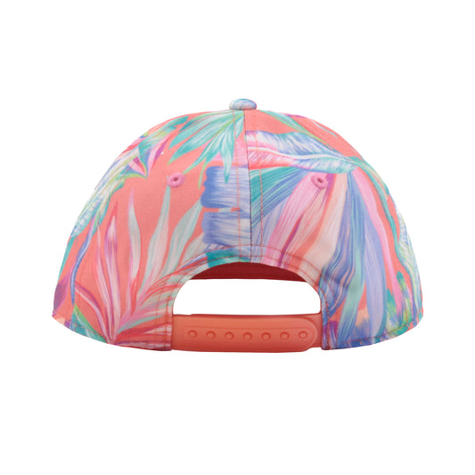 Casquette - Nanö ajustable corail avec motifs feuilles multicolores, vue de dos sur fond blanc