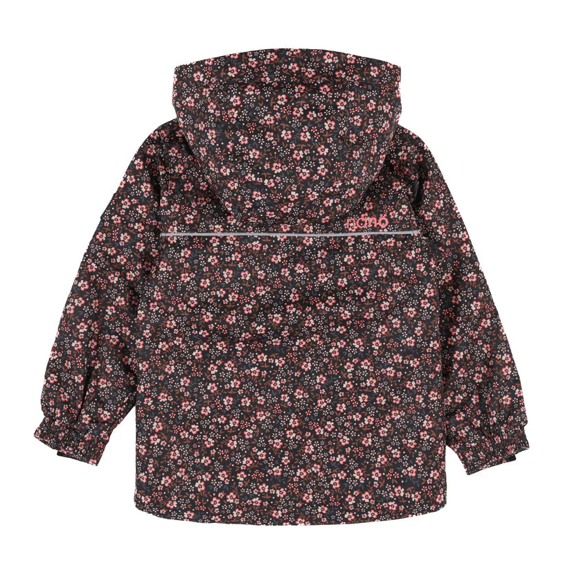 Ensemble Mi-Saison Louise - Nanö, veste imperméable fleuri rose et noir pour enfant, vue de dos avec capuchon