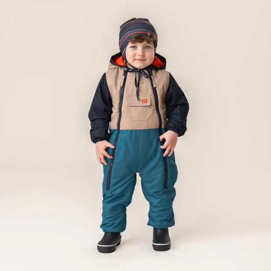 Combinaison mi-saison - Nanö bleu, beige et noir pour enfant garçon, style imperméable, vue de face sur mannequin