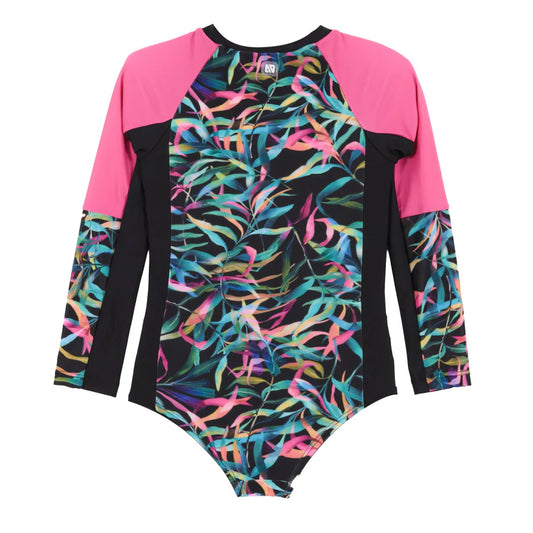 Maillot de bain - Nanö une-pièce à manches longues noir rose avec motifs feuilles multicolores pour enfant vue de face