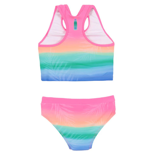 Maillot de bain - Nanö deux pièces effet dégradé rose, orange, vert et bleu, dos nageur, pour enfant, vue de dos