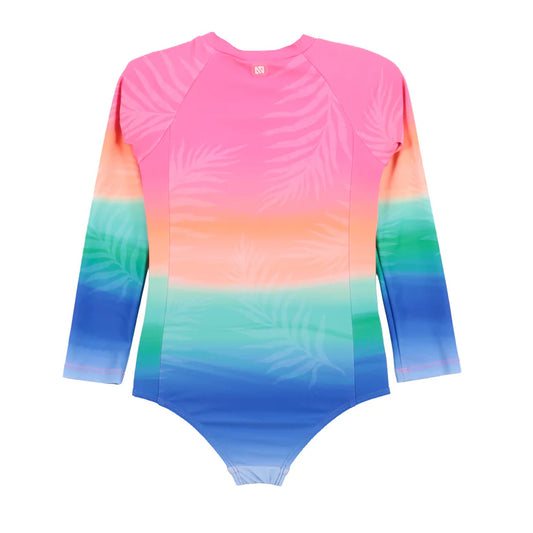 Maillot de bain - Nanö une pièce manches longues dégradé rose orange vert bleu avec motifs feuilles, pour enfant, vue de face