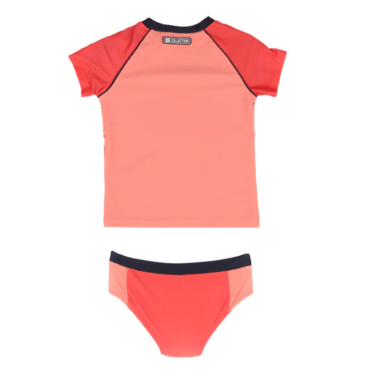 Maillot de bain - Nanö corail et rouge à manches courtes raglan pour enfant, vue de dos sur fond blanc