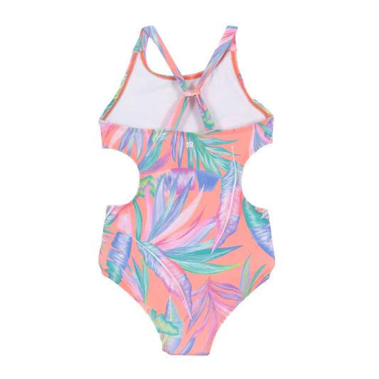 Maillot de bain - Nanö une-pièce corail à motifs feuilles violettes et vertes, découpes côtés, vue de dos, enfant fille