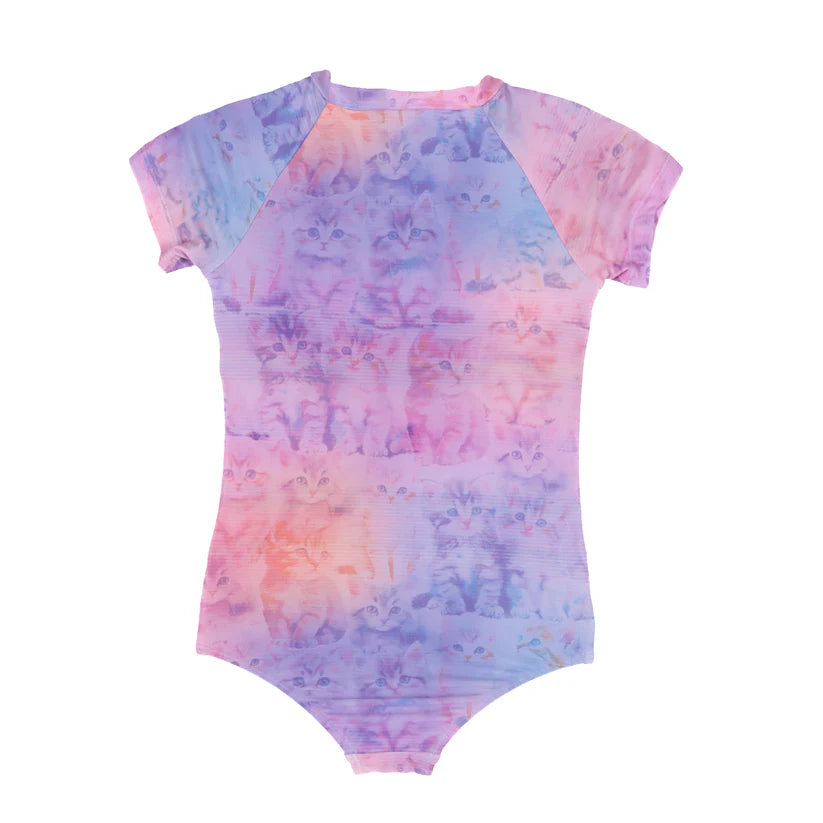 Maillot de bain - Nanö une pièce à manches courtes raglan unies, motifs pastel violet et rose, pour enfant, vue de dos