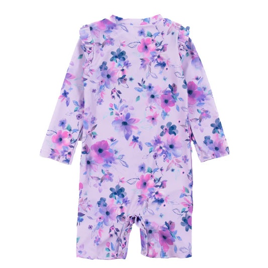 Maillot de bain - Nanö combinaison à manches longues lilas avec imprimé floral rose et bleu, pour bébé, vue de dos.