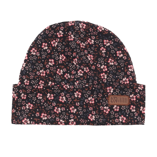 Tuque Mi-Saison - Nanö noire à imprimé floral rose et blanc, jersey doux, écusson en faux cuir, vue de face.